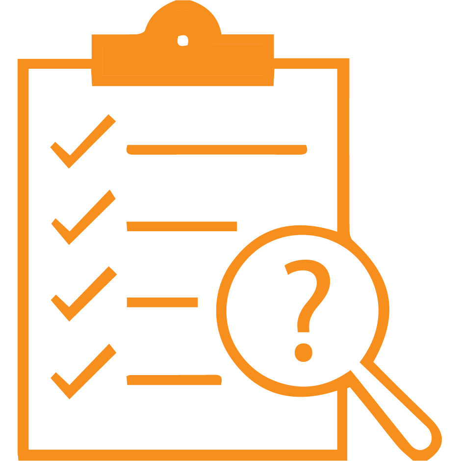 Clipboard icon with checkmarks on it and a magnifying glass to the side.