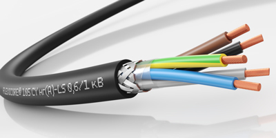 Close up of a power control cable with the shielding, conductors, and wires exposed.